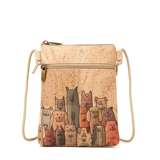 Bolso bandolera de corcho natural con estampado de perro y gato