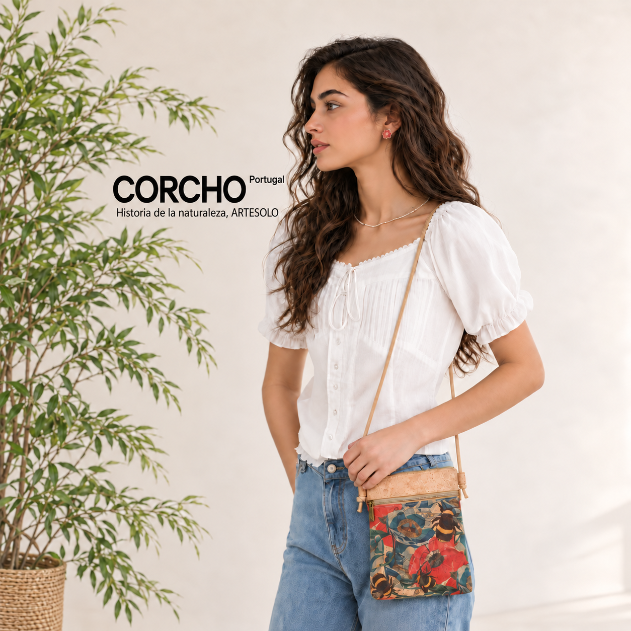 Mujer con bolso bandolera pequeño de corcho natural estampado Serie 703