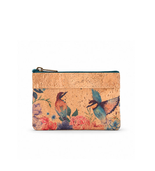 Monedero de corcho natural con cremallera y estampado de pájaros y flores – Serie 736055 ARTESOLO