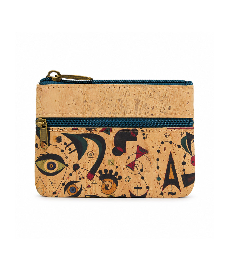 monedero de corcho · monedero de corcho con tres cremalleras · monedero pequeño de corcho · monedero de corcho estampado