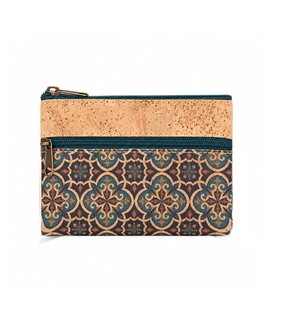 monedero de corcho · monedero de corcho con tres cremalleras · monedero pequeño de corcho · monedero de corcho estampado