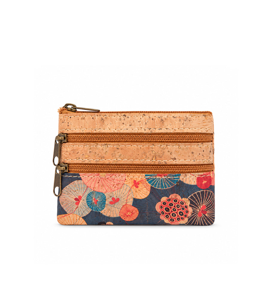 Monedero de corcho con tres cremalleras y estampado floral