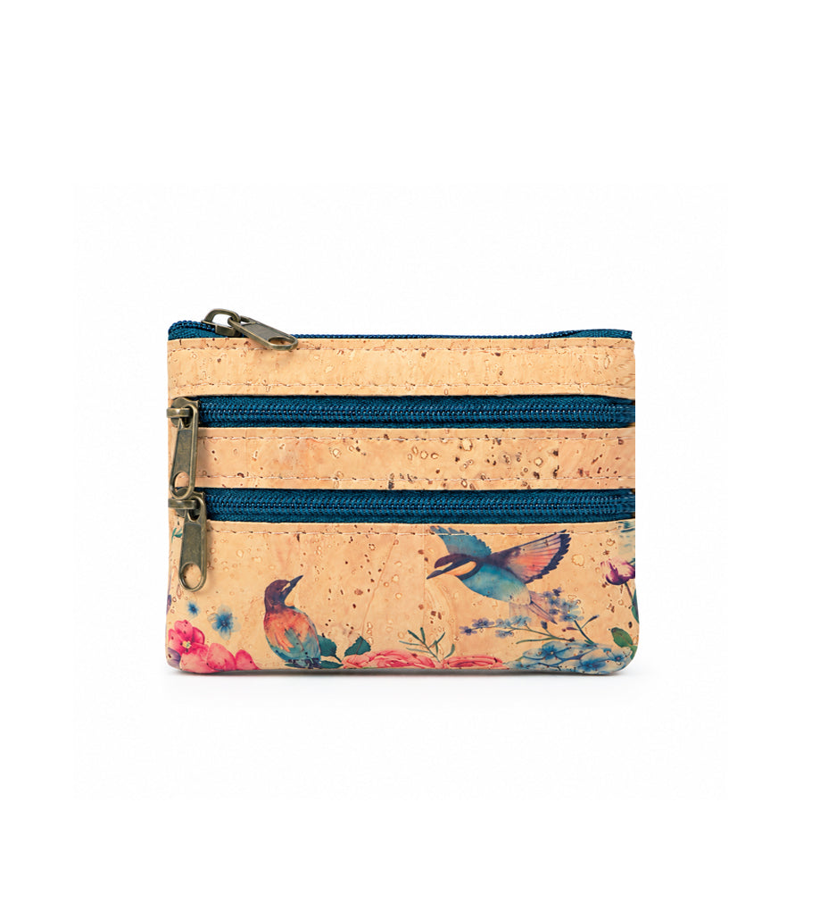 Monedero de corcho natural con cremalleras azules colibri