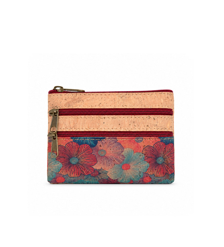 Monedero de corcho natural con tres cremalleras rojas