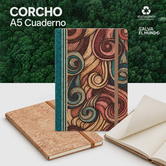 cuaderno de corcho, libreta de corcho, cuaderno A5, libreta ecológica, corcho natural, hojas lisas, sin líneas, páginas en blanco, goma elástica, cierre elástico, corcho estampado, diario, notas, dibujo, regalo ecológico