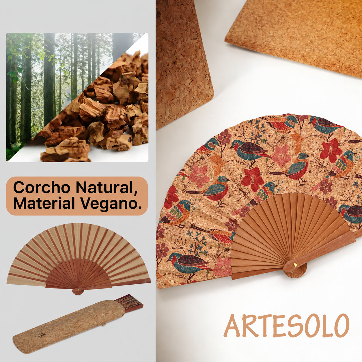 Abanico de Corcho Natural con Pájaros y Flores | Varillas de Madera
