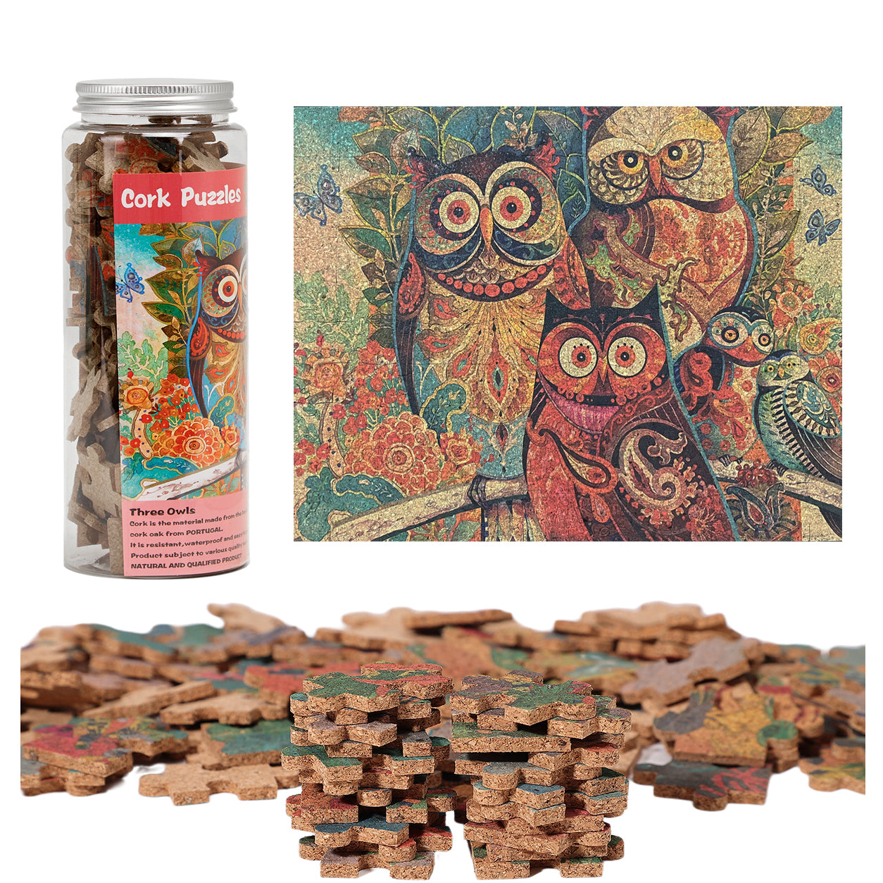 Naturkork-Puzzle mit 120 Teilen | Drei Eulen | ARTESOLO