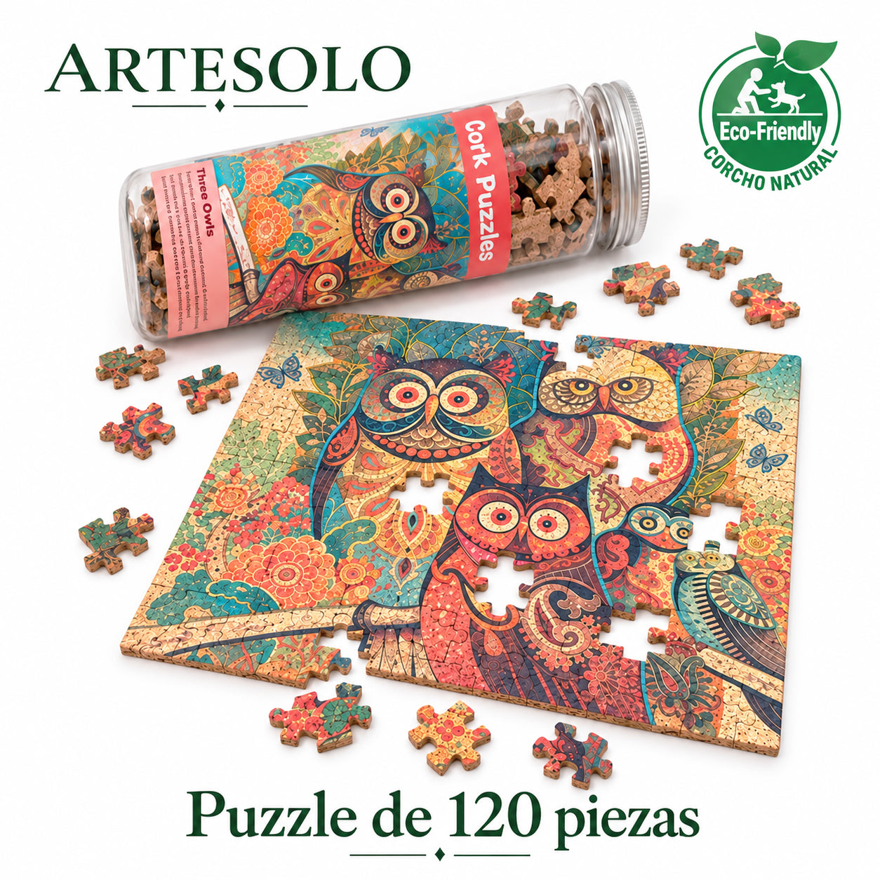 Naturkork-Puzzle mit 120 Teilen | Drei Eulen | ARTESOLO