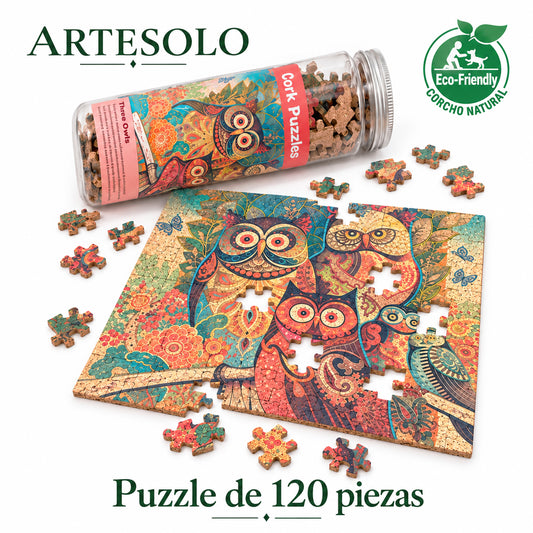 Naturkork-Puzzle mit 120 Teilen | Drei Eulen | ARTESOLO